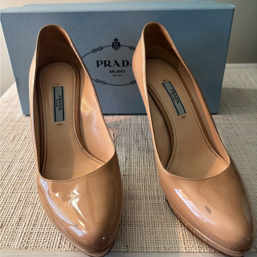 Size 37.5 nude/cream Prada patent heels
